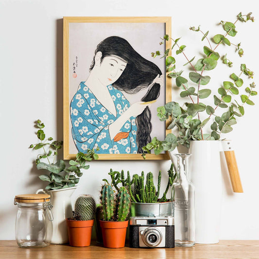 Japanse vrouw kamt haar haar – Goyō Hashiguchi, 1920, houtsnede