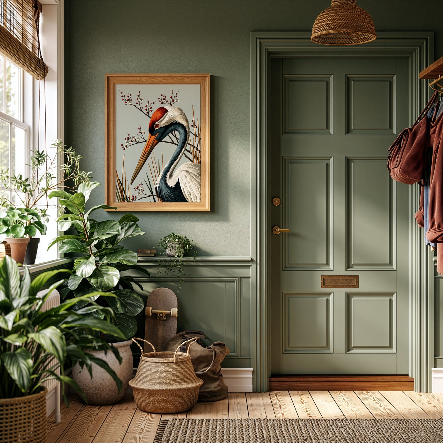 Kraanvogel print aan de muur in een groene hal met planten.