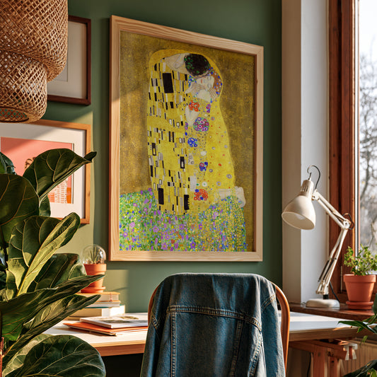 Poster De Kus van Gustav Klimt aan de muur in een kleurrijke kamer.