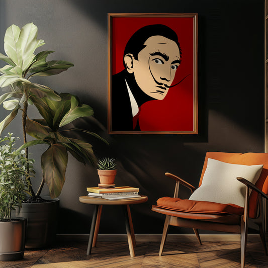 Salvador Dali portret poster aan de muur in een zitkamer met planten en een kast.