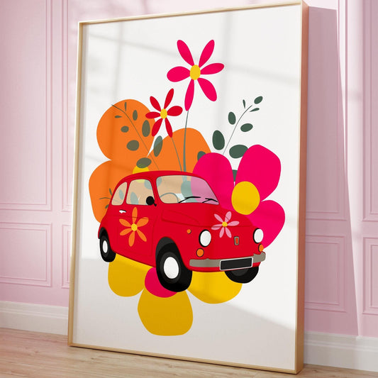 Retro Car Poster – Flower Power Art Print