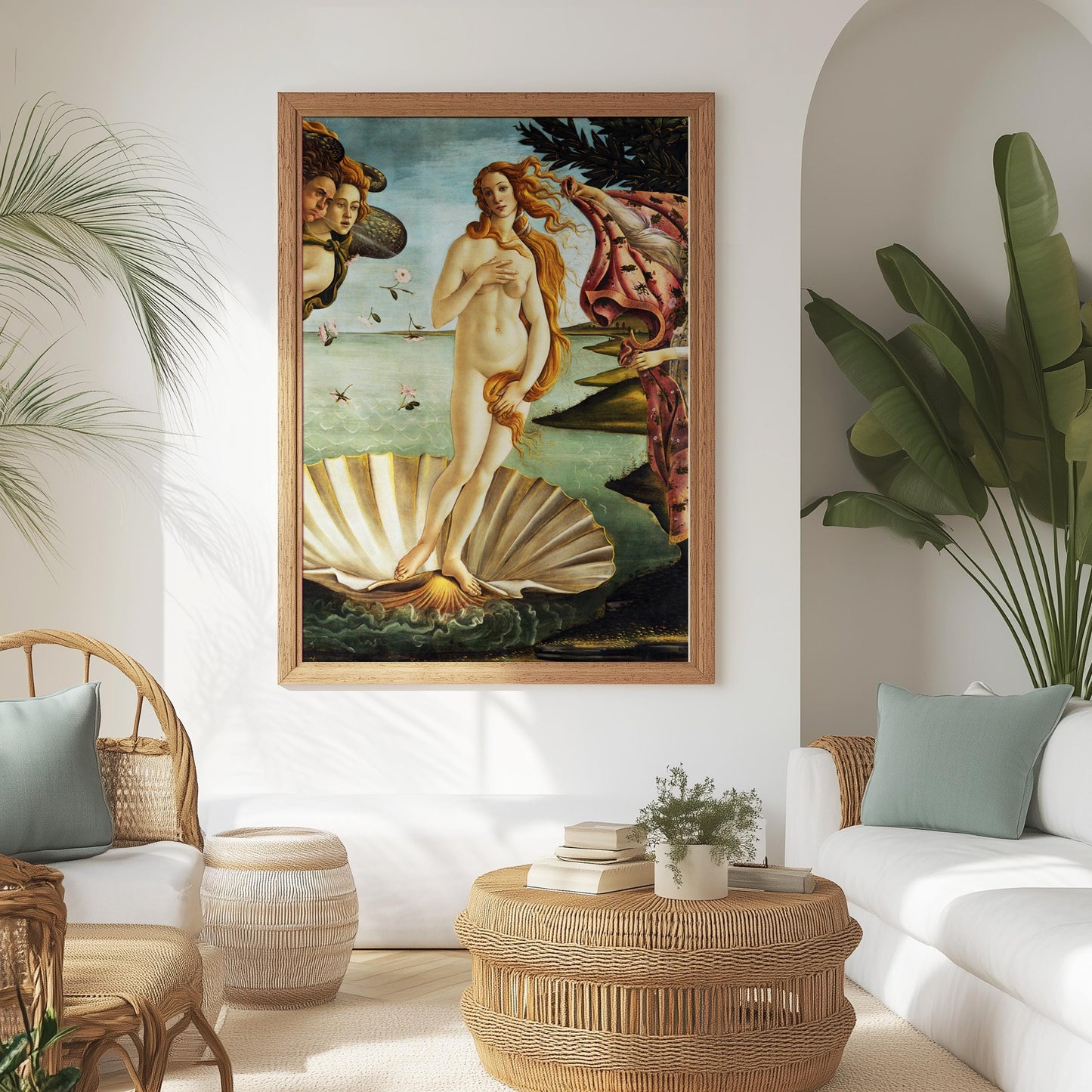 Geboorte van Venus poster in een lichte boho stijl woonkamer.