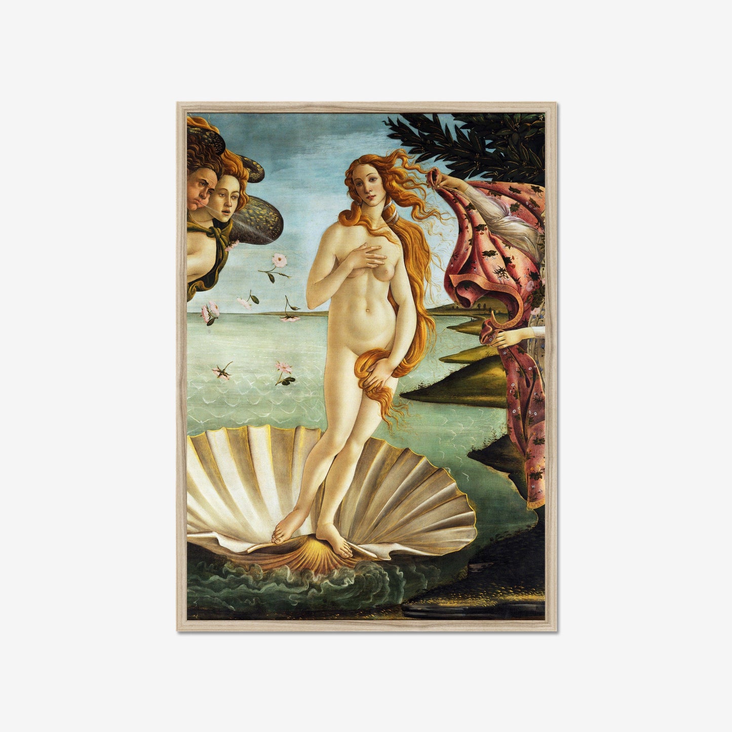 Botticelli's Geboorte van Venus poster op een witte achtergrond.