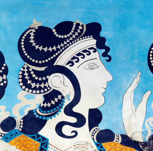 Close-up van Griekse Knossos poster – ingezoomd detail blauwe dame.