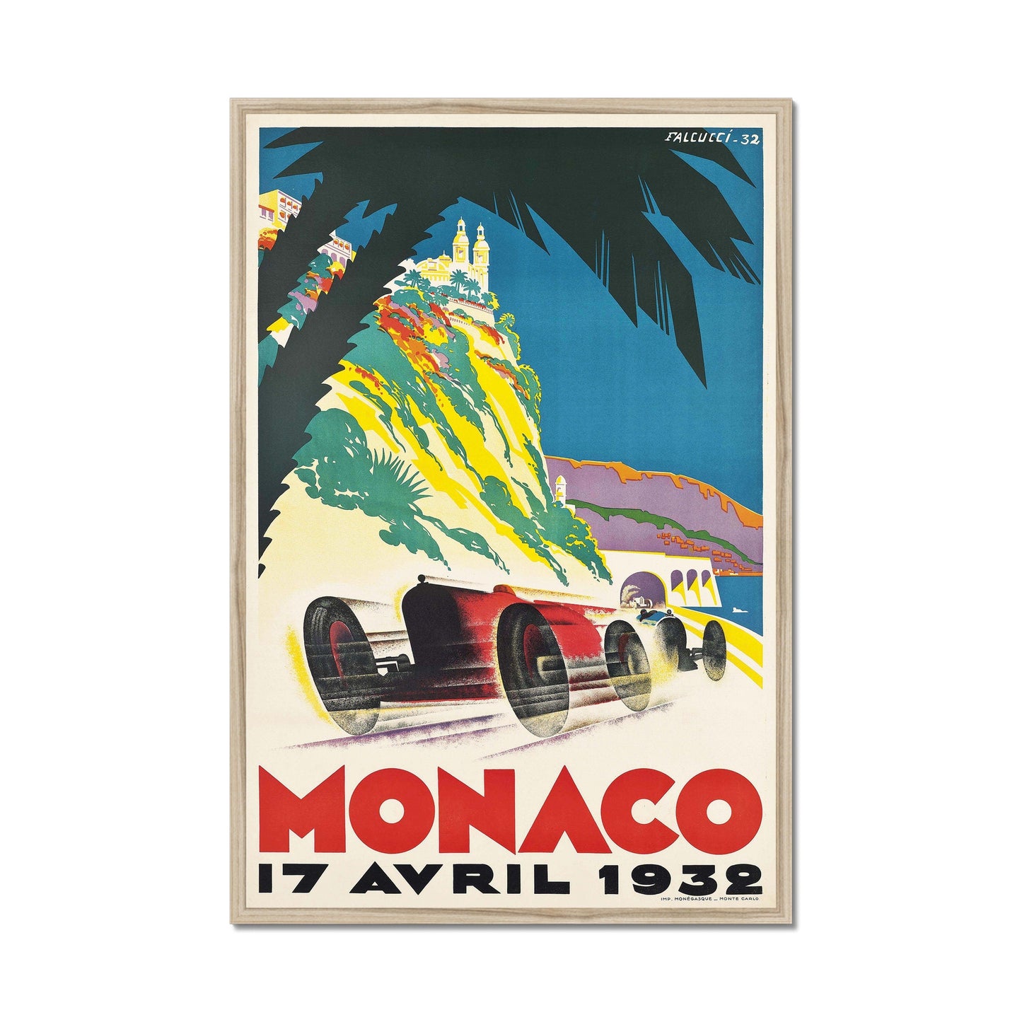 Vintage race poster ingelijst tegen witte achtergrond