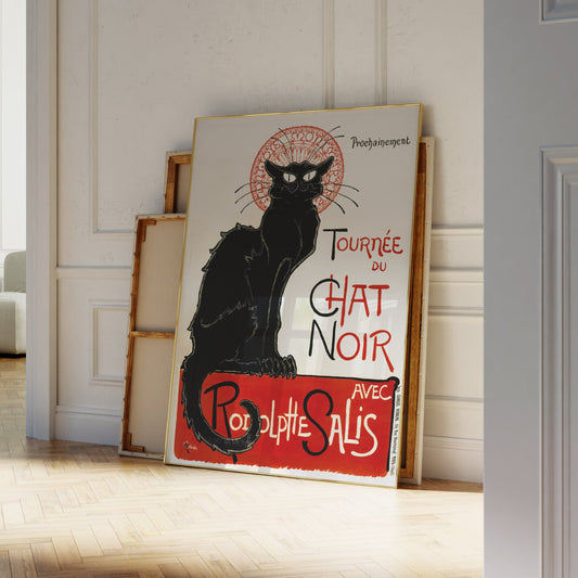 Zwarte kat poster tegen een witte muur in de hal – zicht op woonkamer en witte deur rechts.