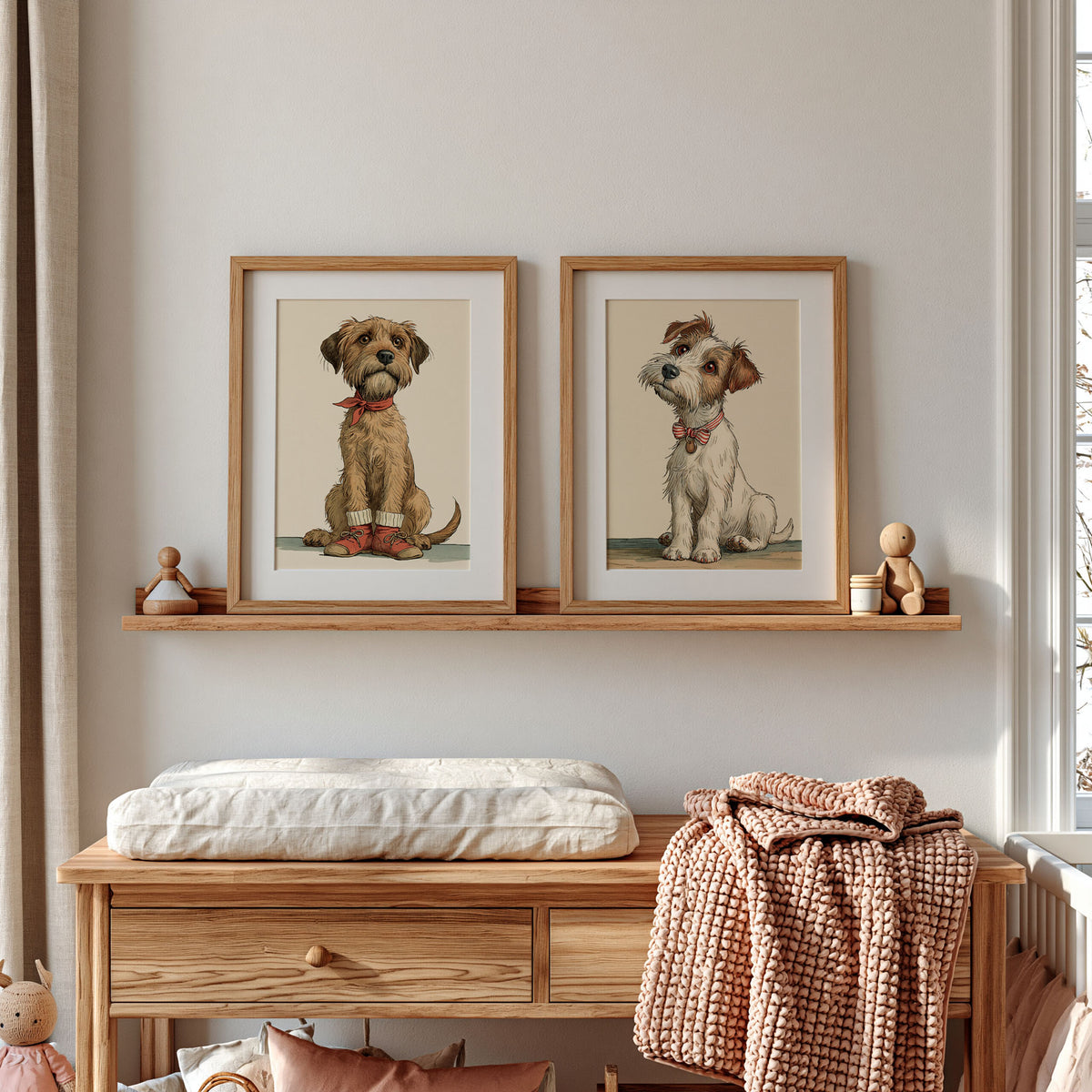 Set van twee hondenposters in een sfeervolle kinderkamer met neutrale kleuren.