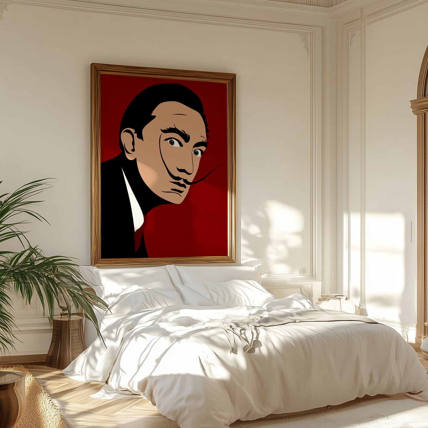 Groot Dali portret aan een slaapkamer muur.