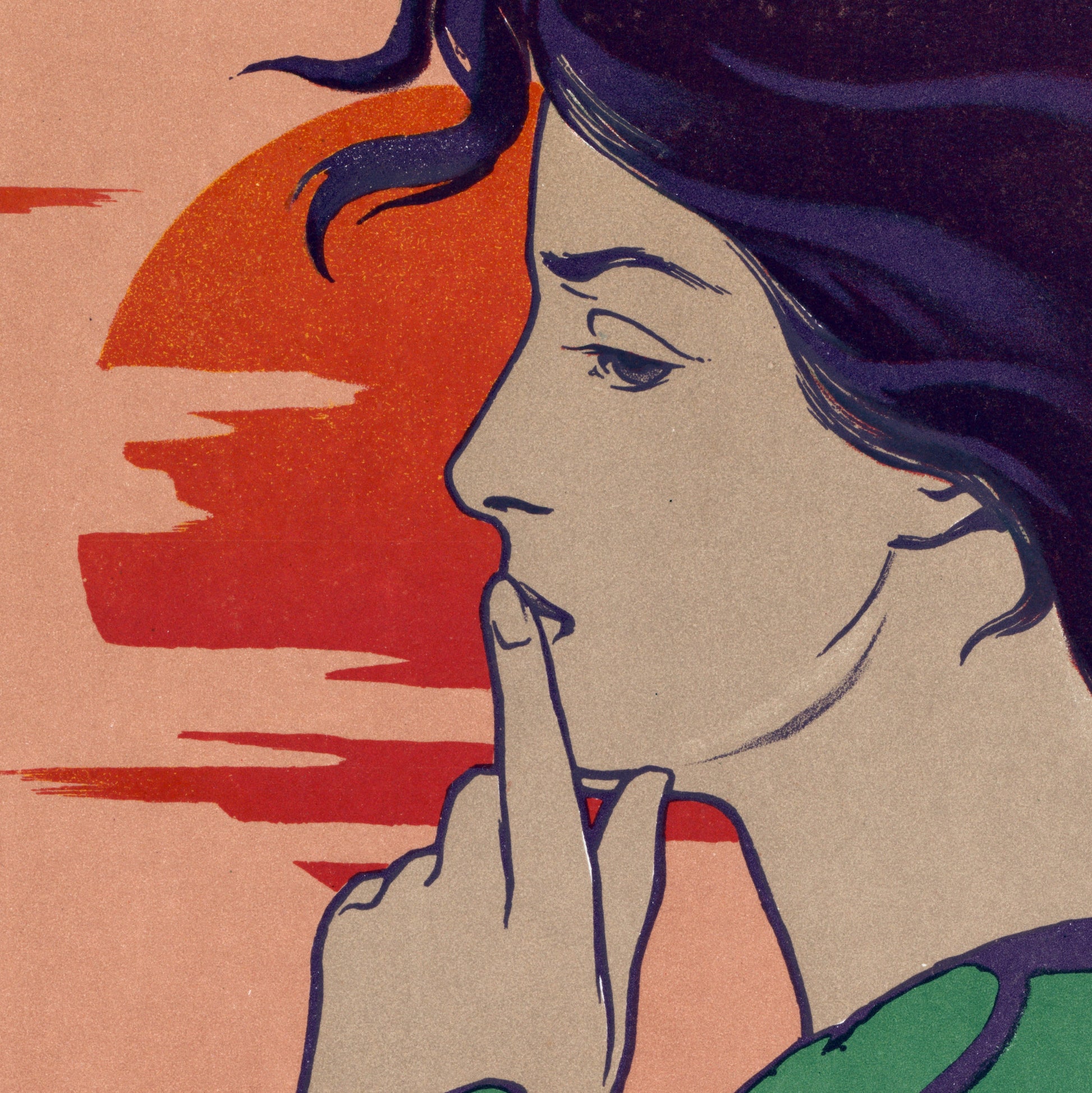 Detail van een Art Nouveau poster van een vrouw in gedachten met de zon op de achtergrond.