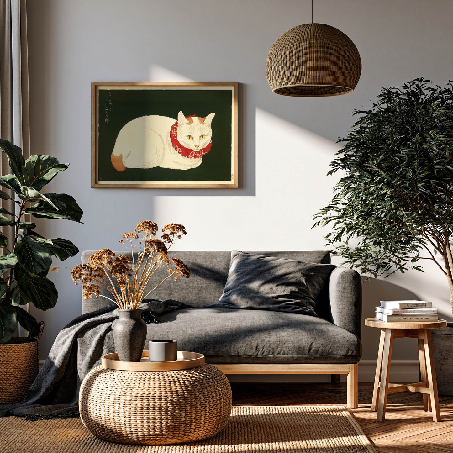 Japandi interieur met ingelijste Japanse kat poster