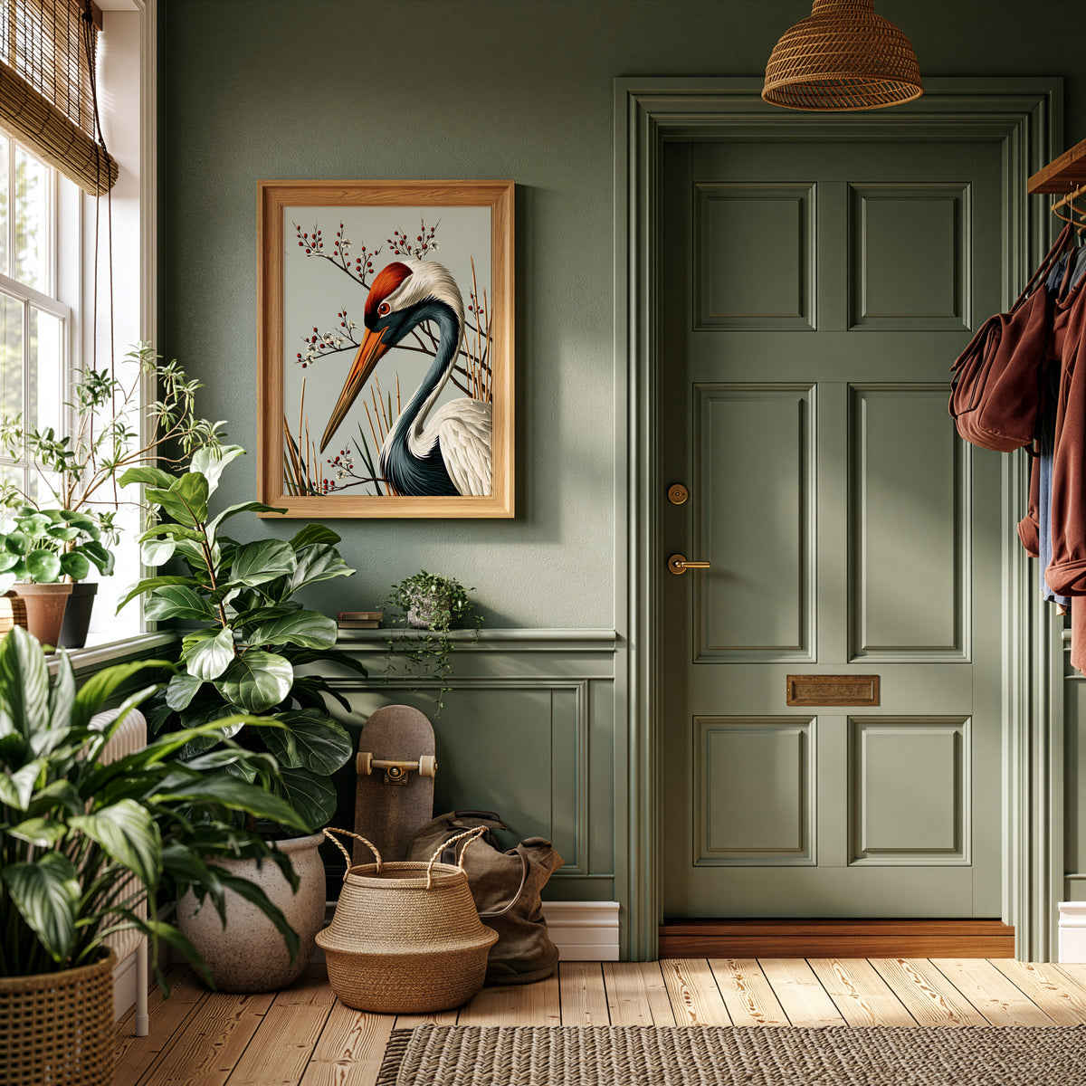 Kraanvogel print aan de muur in een groene hal met planten.