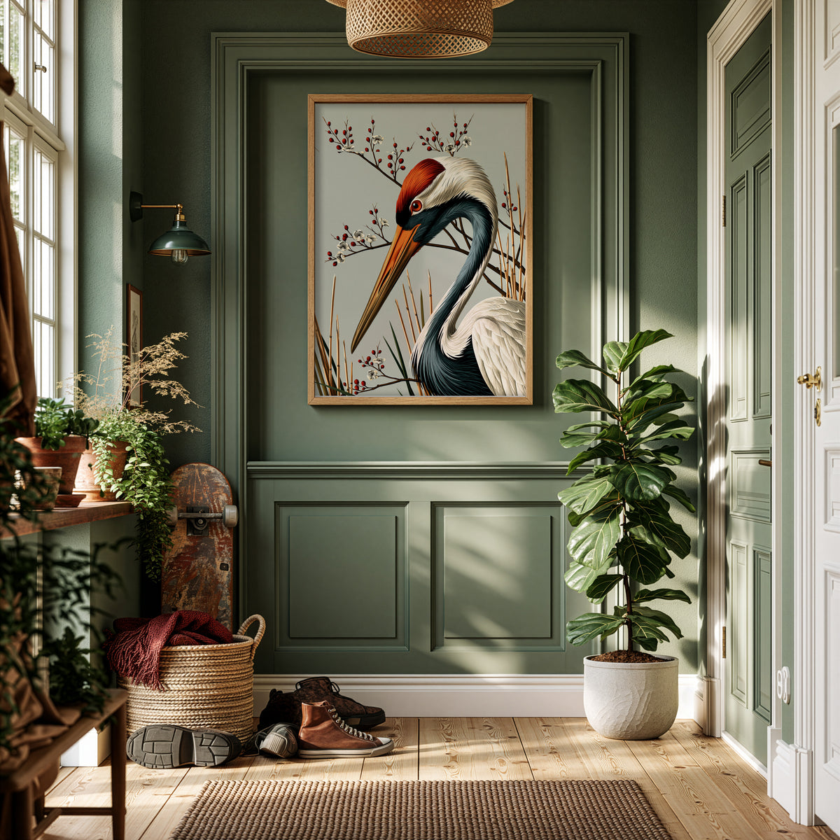 Japanse kraanvogel poster aan de muur in een hal.