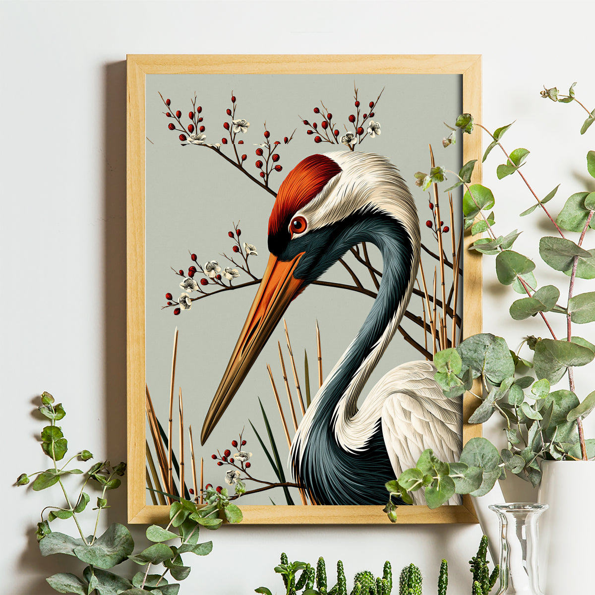 Japanse kraanvogel print omringd met takjes.