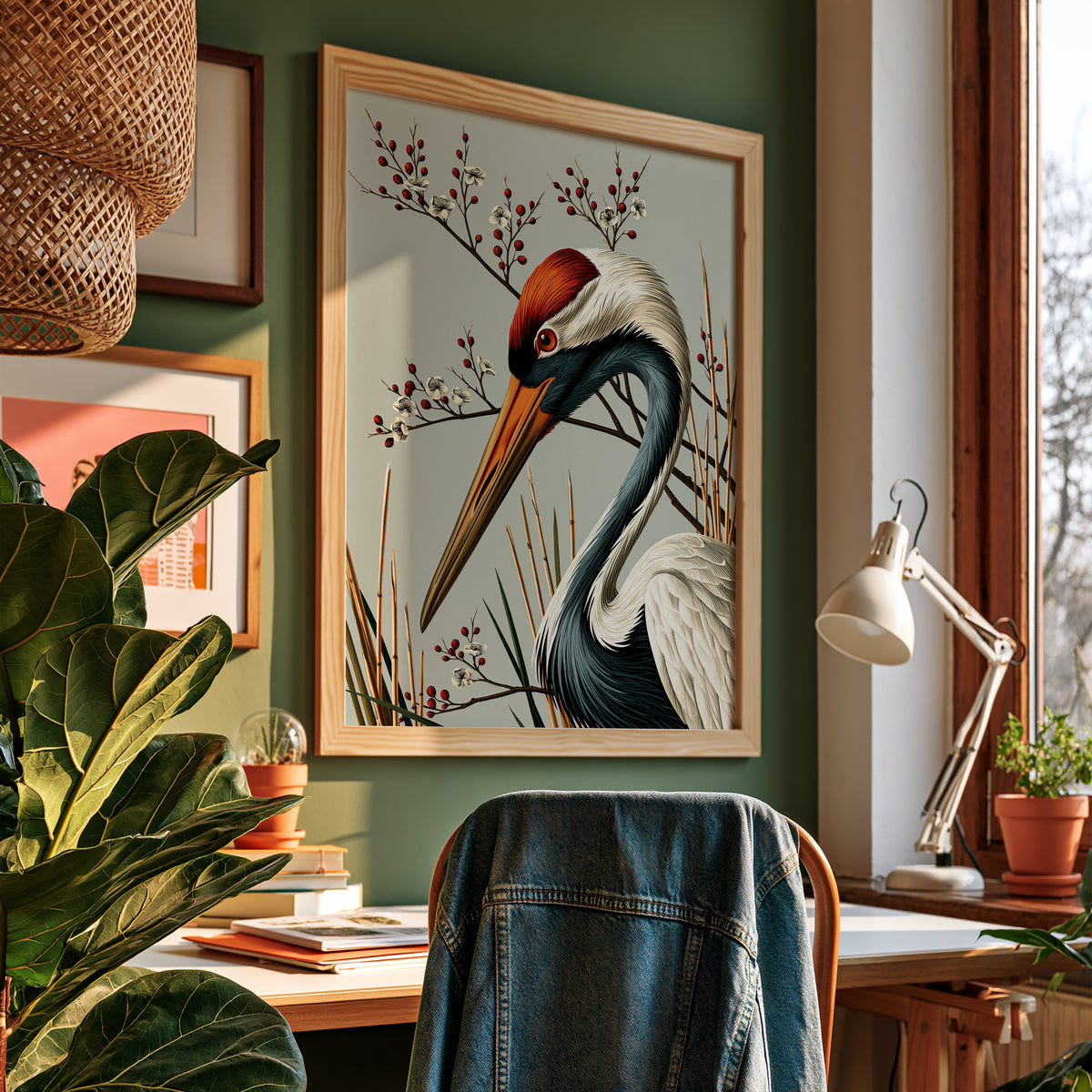 Japanase kraanvogel poster aan de muur.