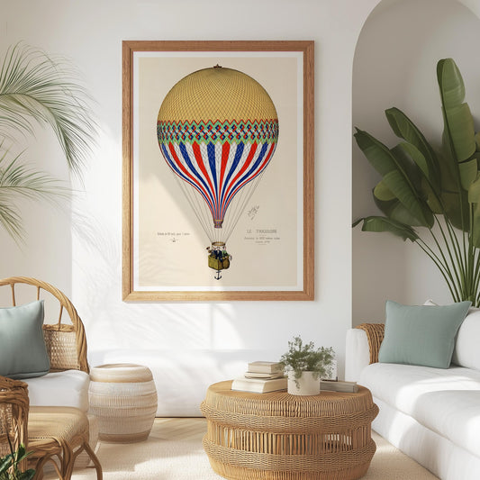 Luchtballon poster uit 1874 in boho woonkamer met houten accenten