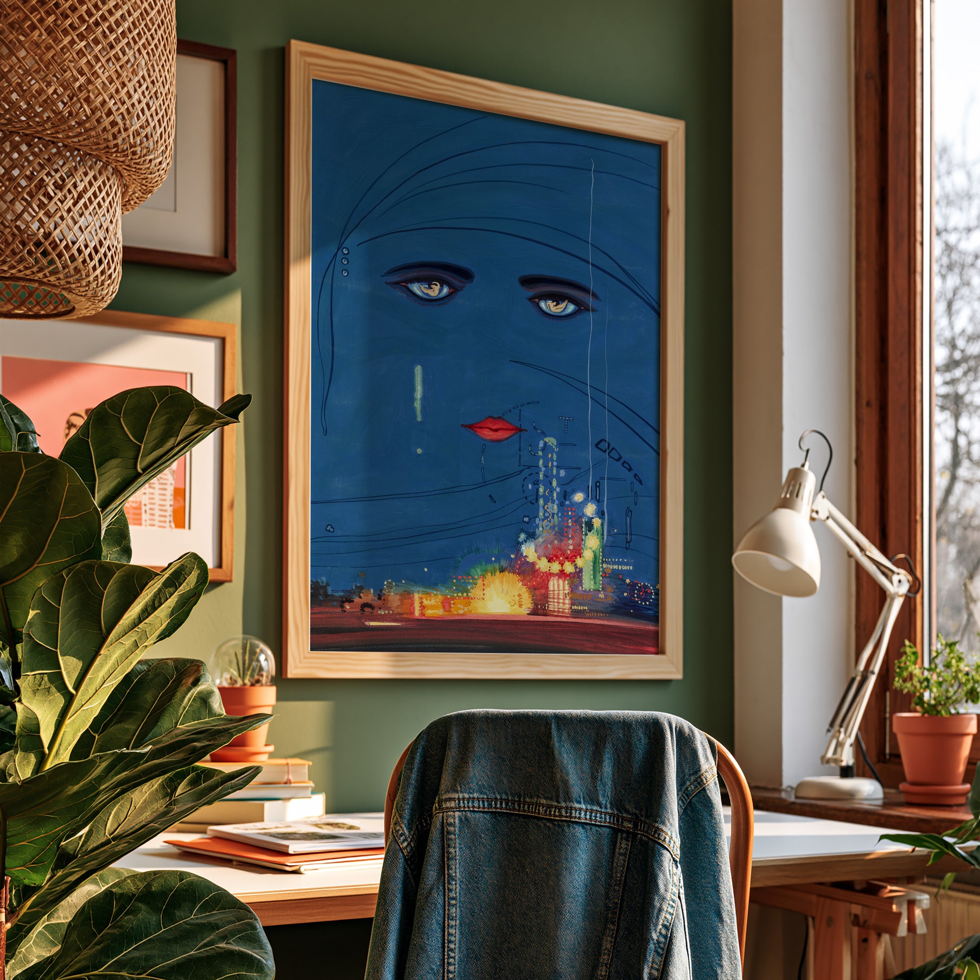 The Great Gatsby poster aan de muur in een kleurrijke kamer.