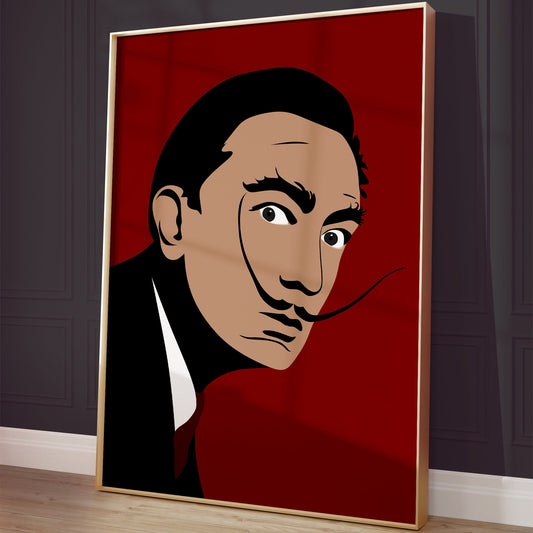 Poster met geïllustreerd portret van Salvador Dalí, in frame en staat tegen een donkere muur.