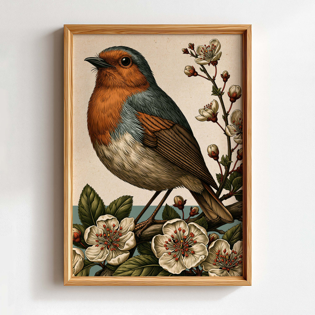 roodborstje poster in houten frame
