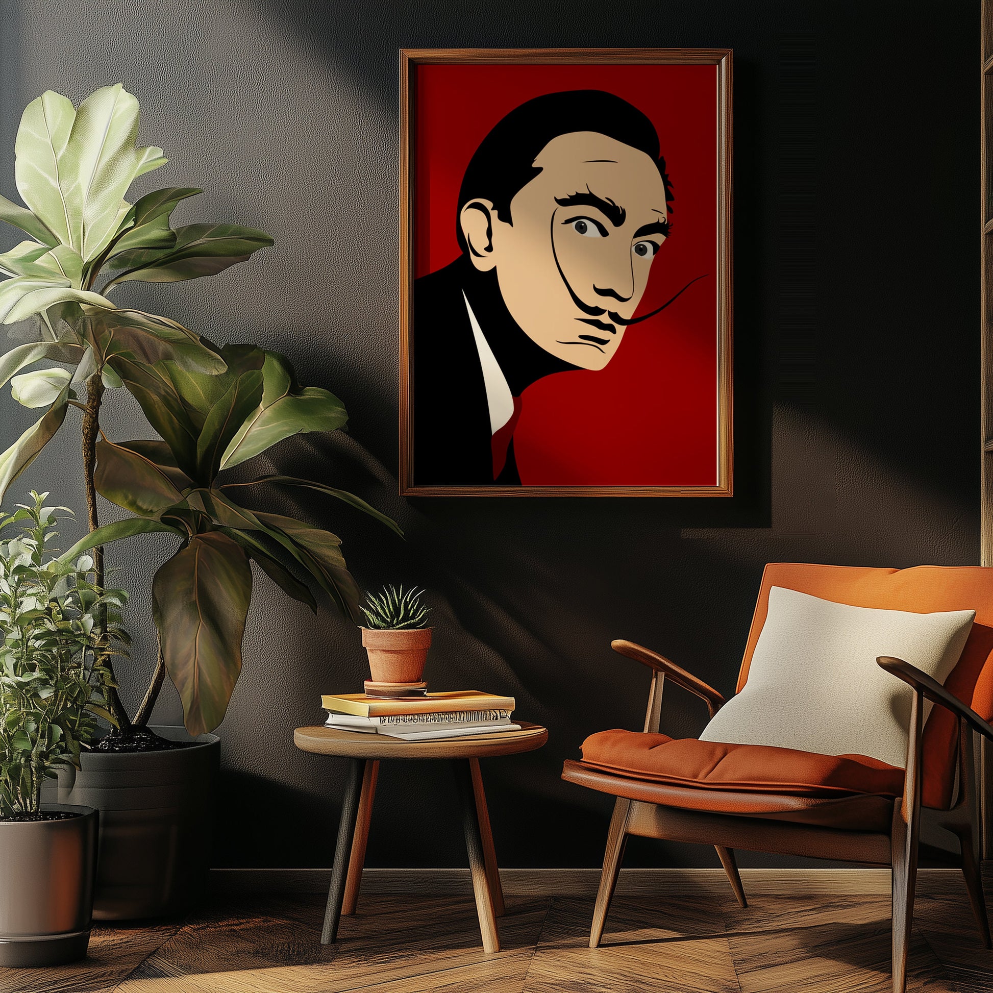 Salvador Dali portret poster aan de muur in een zitkamer met planten en een kast.