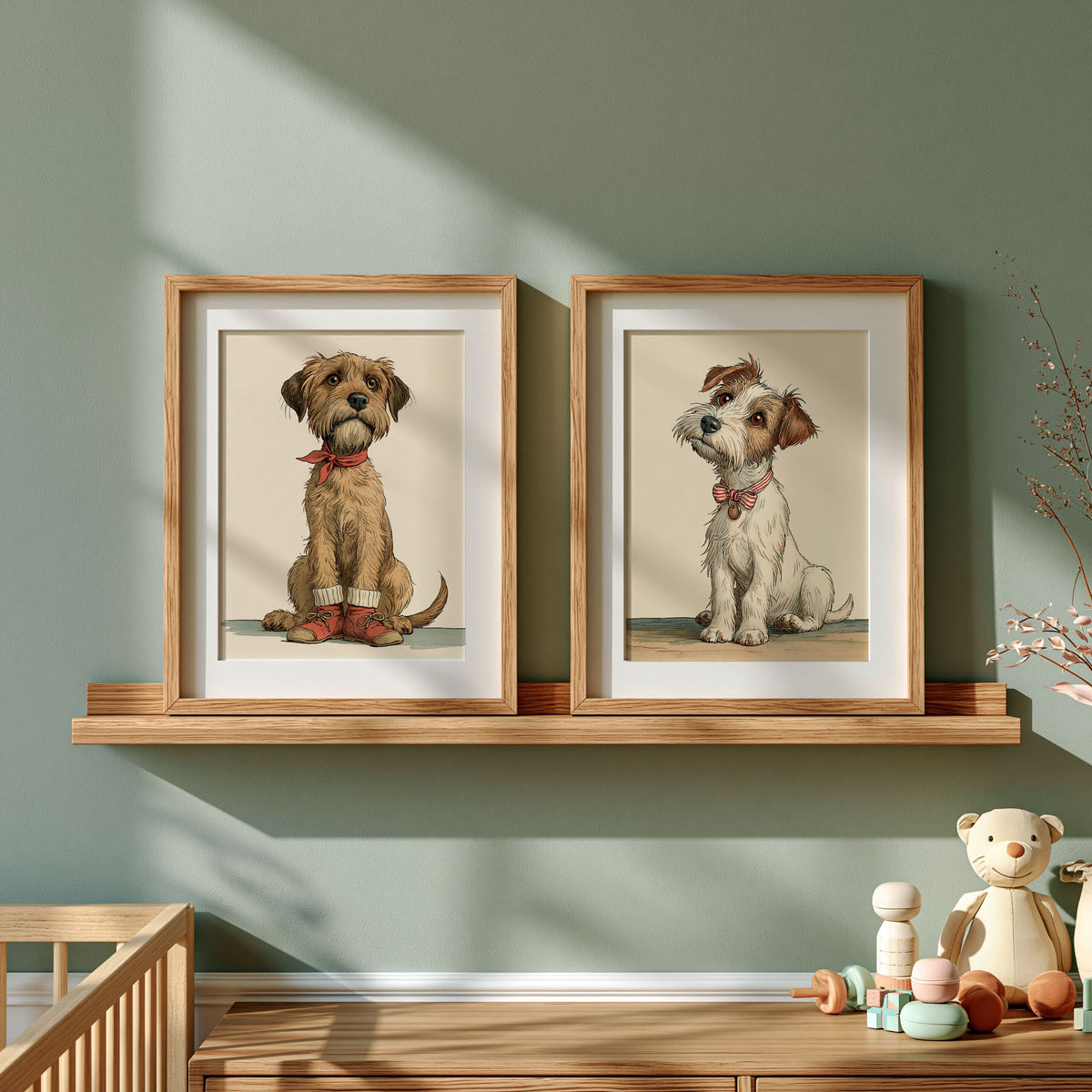 Aquarel hondenprints in minimalistische houten lijsten op een wandplank.