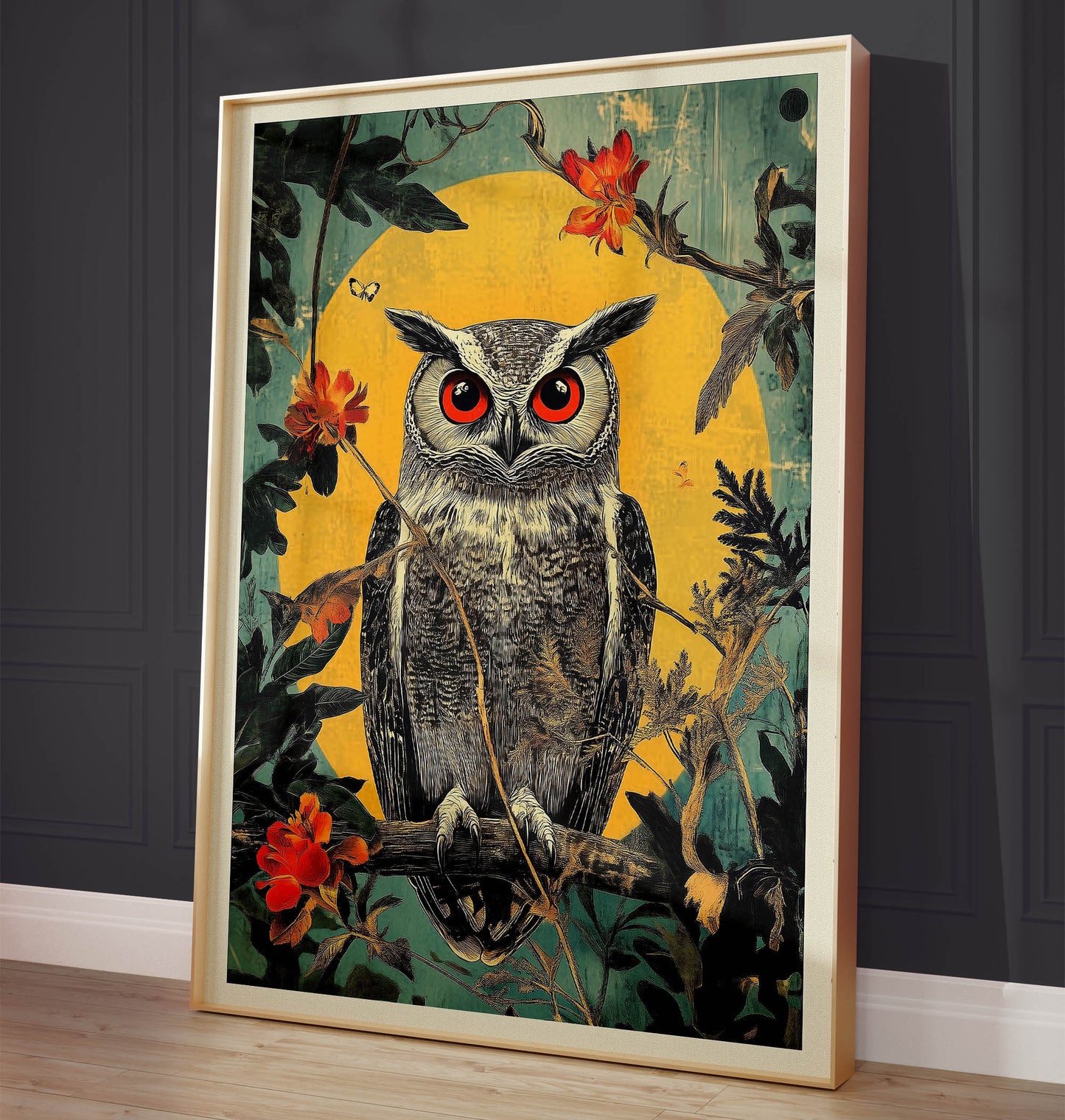 Owl illustration poster with flowers and butterflies – modern art print