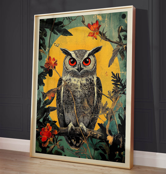 Owl illustration poster with flowers and butterflies – modern art print