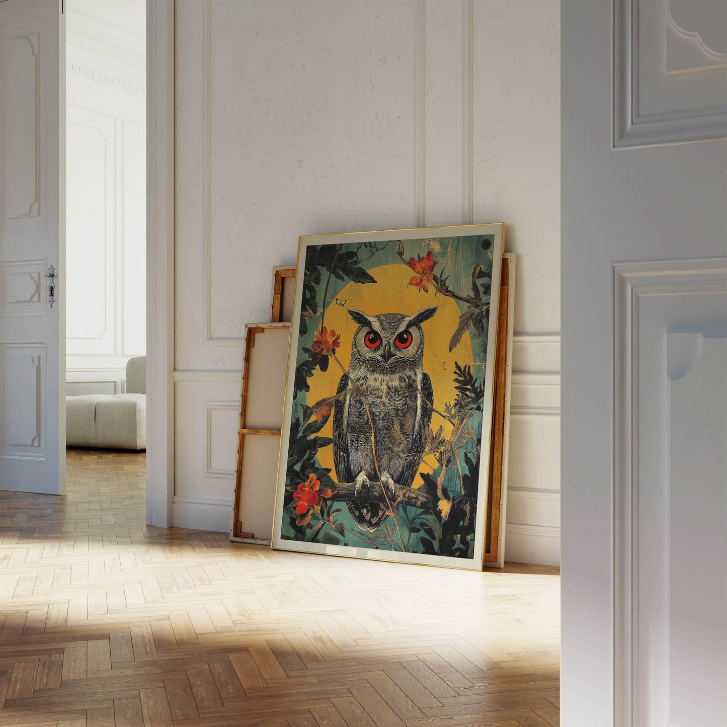 Owl illustration poster with flowers and butterflies – modern art print