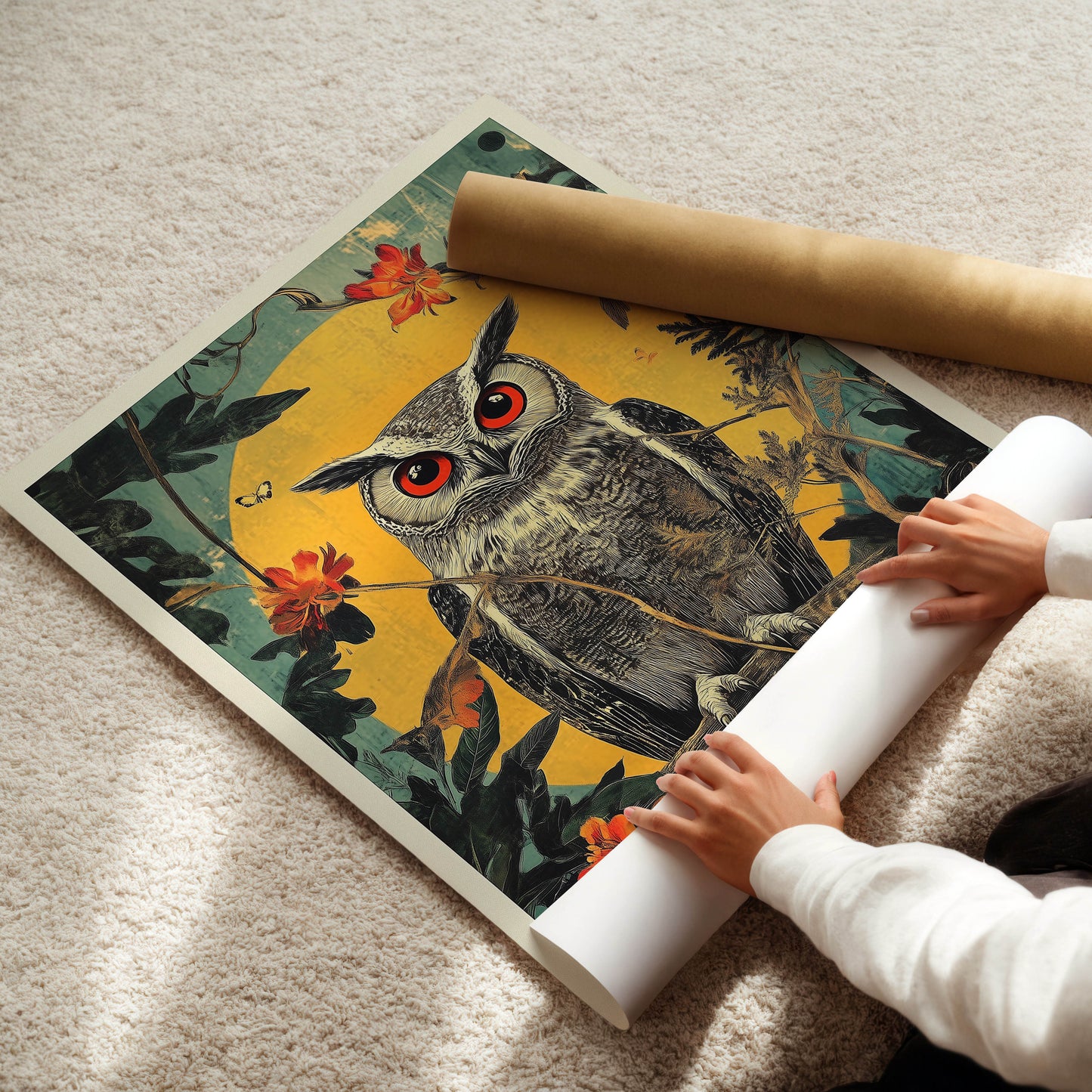 Owl illustration poster with flowers and butterflies – modern art print