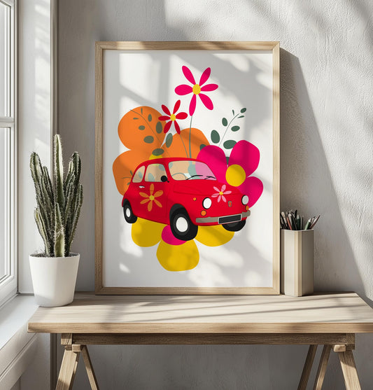 Retro Auto Poster – Flower Power Kunstdruck