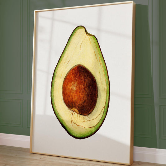 Ingelijste avocadoposter tegen een groene muur met lichte plinten – vintage wanddecoratie
