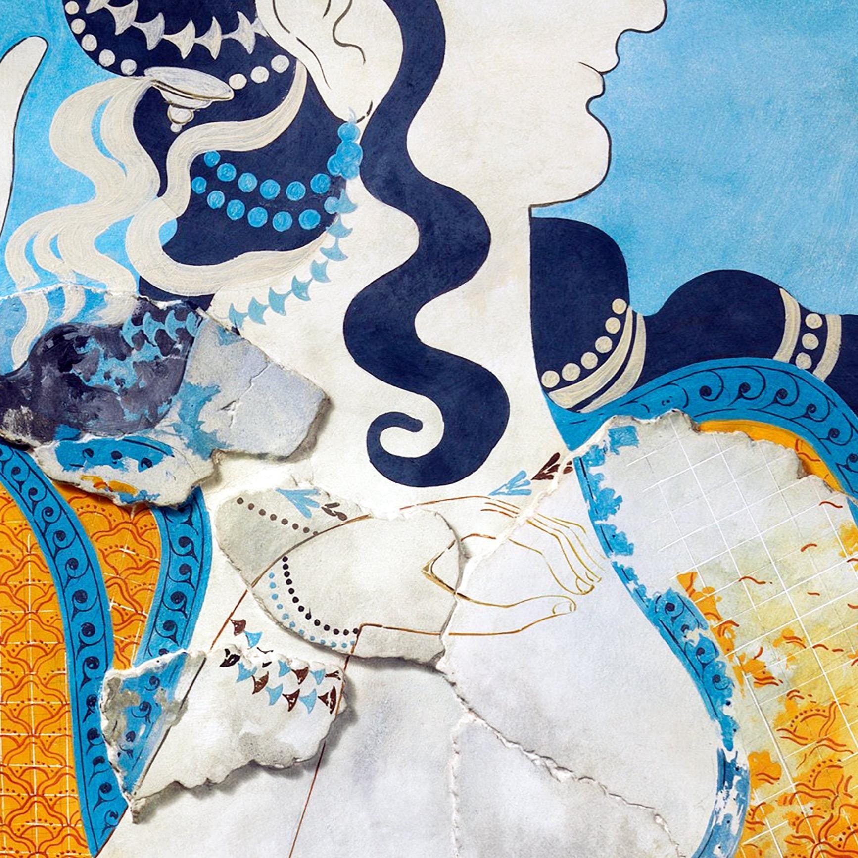 Detail van de blauwe dames van Knossos, ingezoomd.