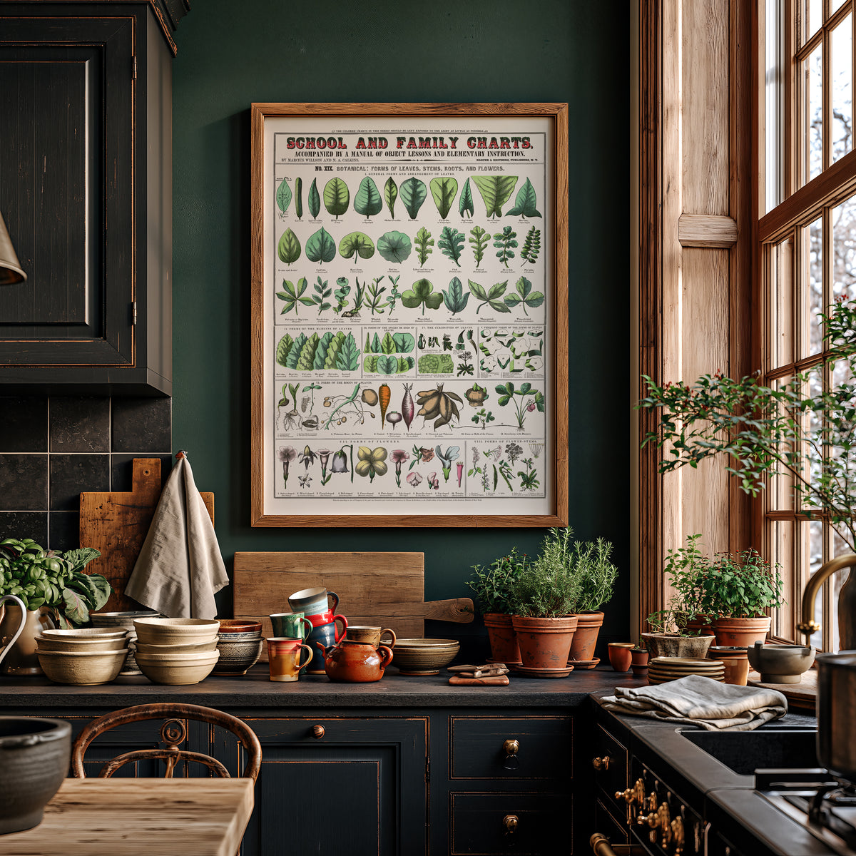 Poster met een overzicht van plantsoorten, aan de muur in de keuken.