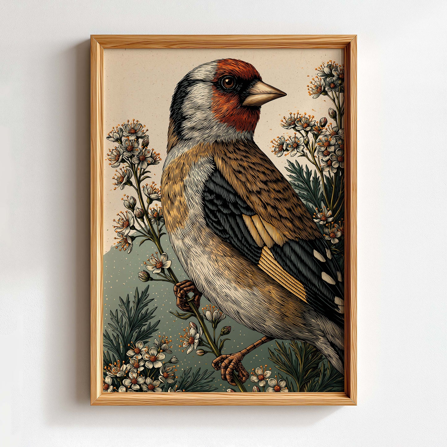 geillustreerde distelvink in frame op een witte achtergronf