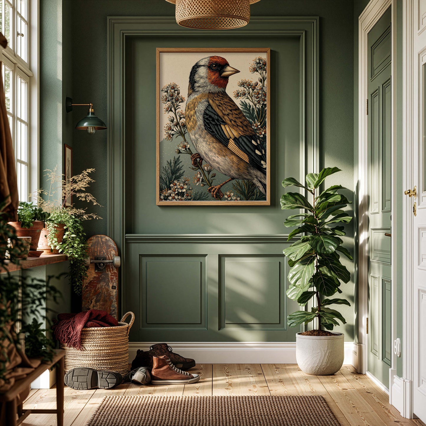 distelvink poster aan de muur in een groene hal