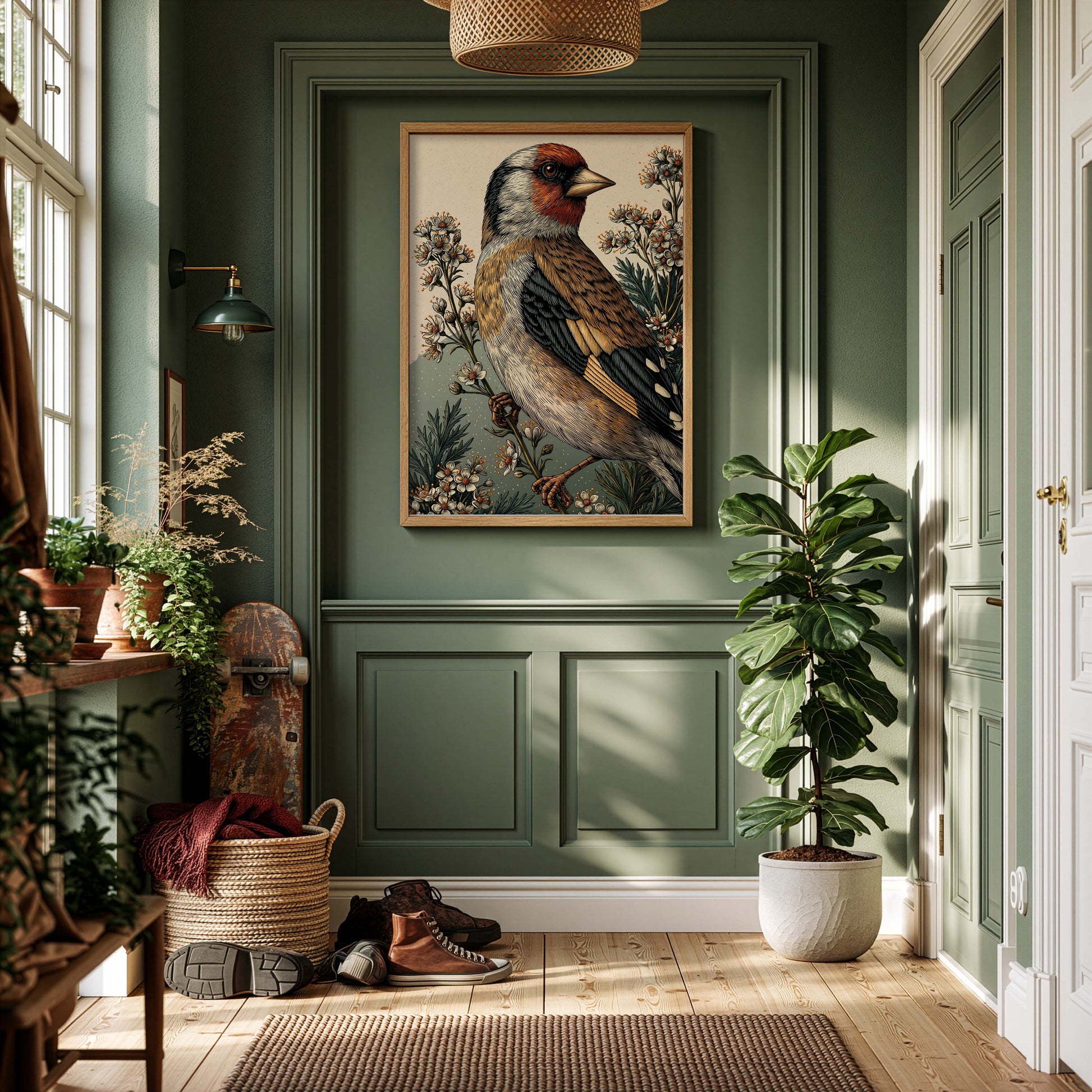 distelvink poster aan de muur in een groene hal