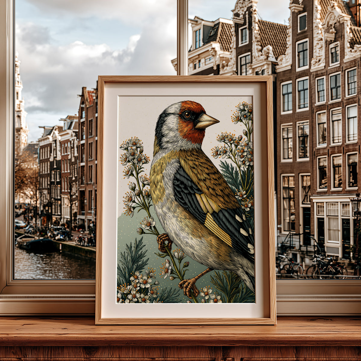 ingelijste distelvink print op vensterbank in raam met uitzicht op Amsterdamse grachten.