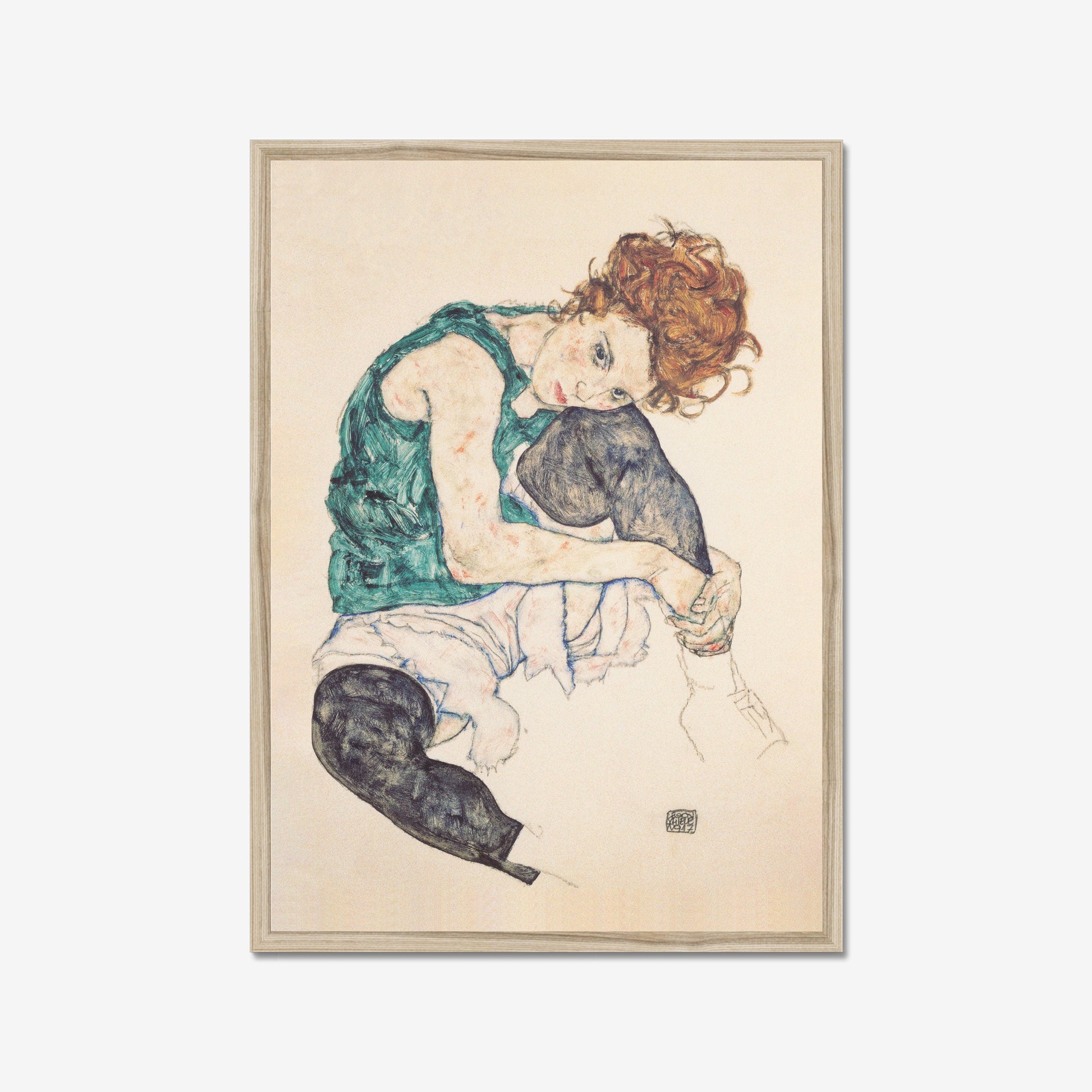 Egon Schiele, de zittende vrouw. Ingelijst op een witte achtergrond.