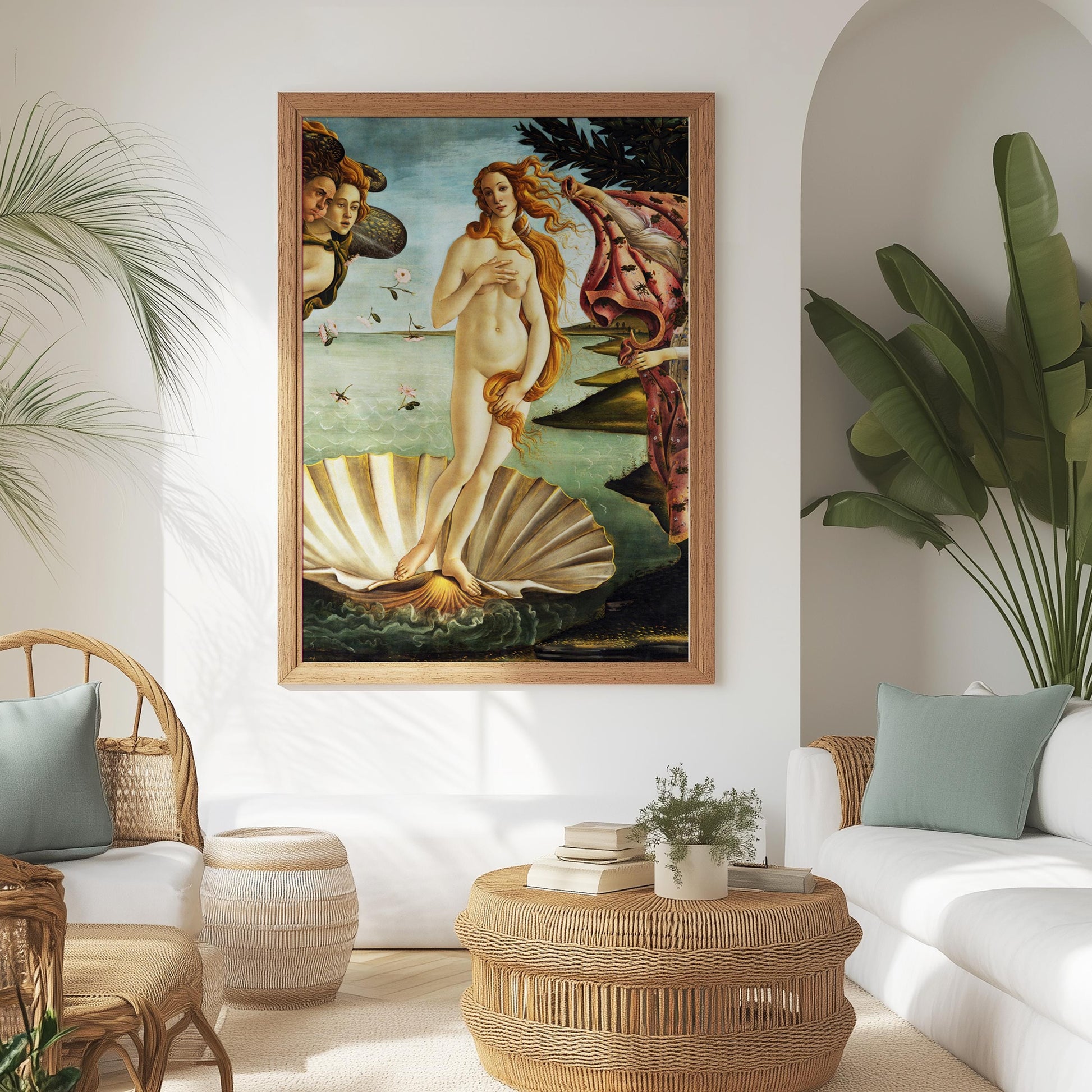 Geboorte van Venus poster in een lichte boho stijl woonkamer.