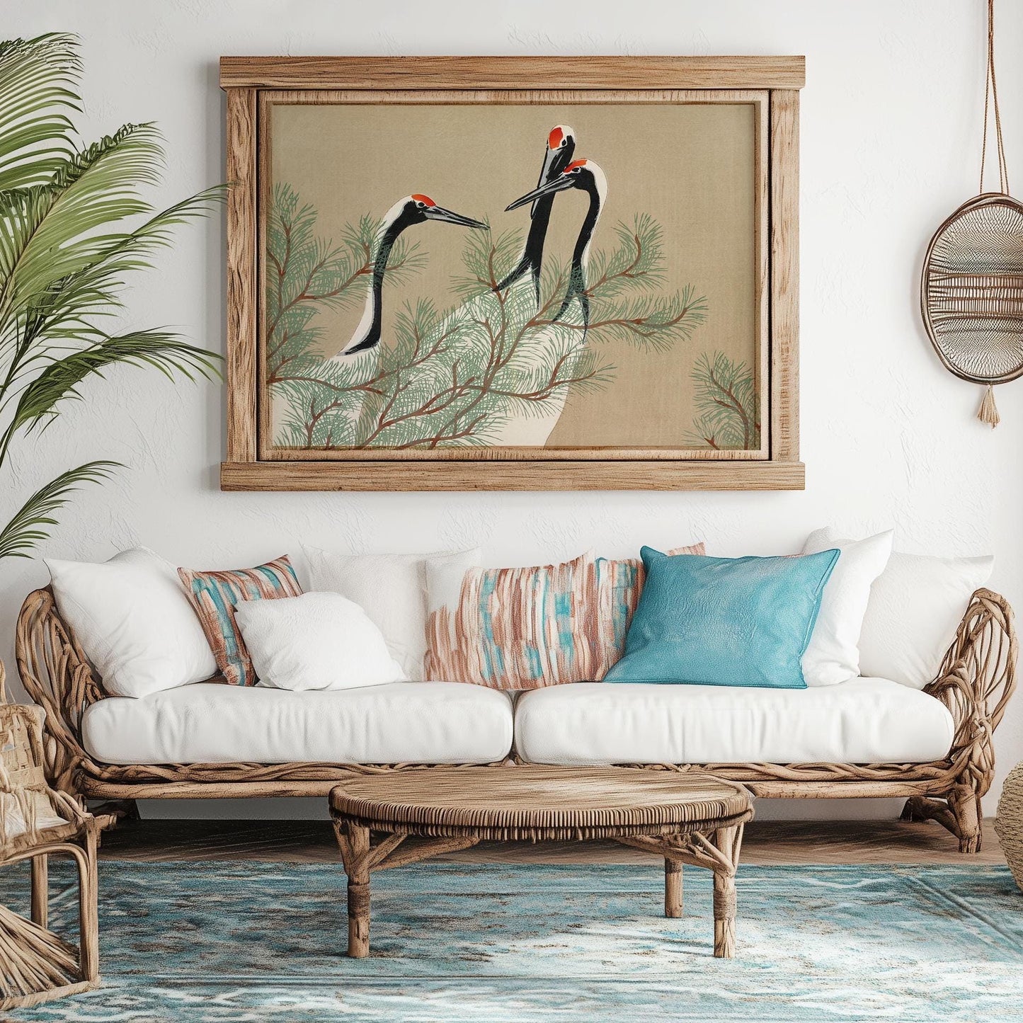 japanese cranes poster on a wall in a room with a couch