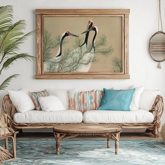 japanese cranes poster on a wall in a room with a couch