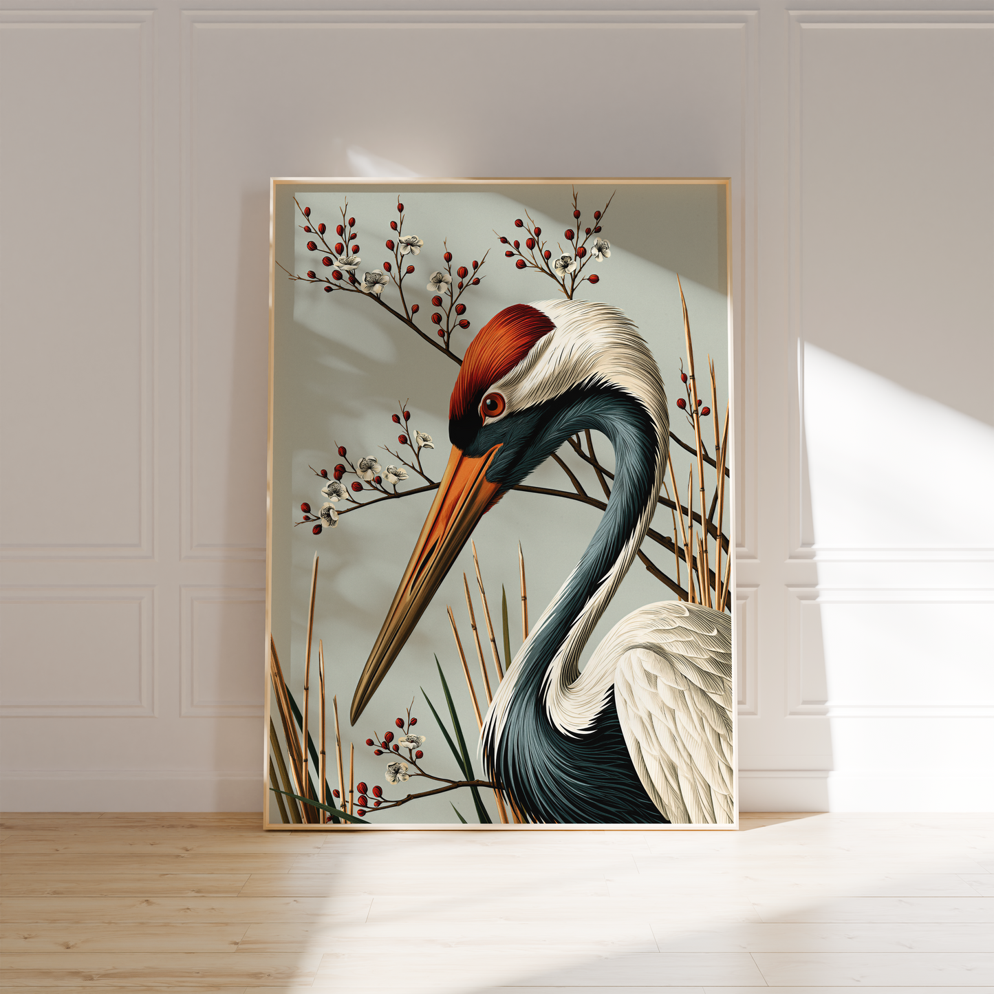 Japanse kraanvogel poster in vintage botanische stijl aan de muur