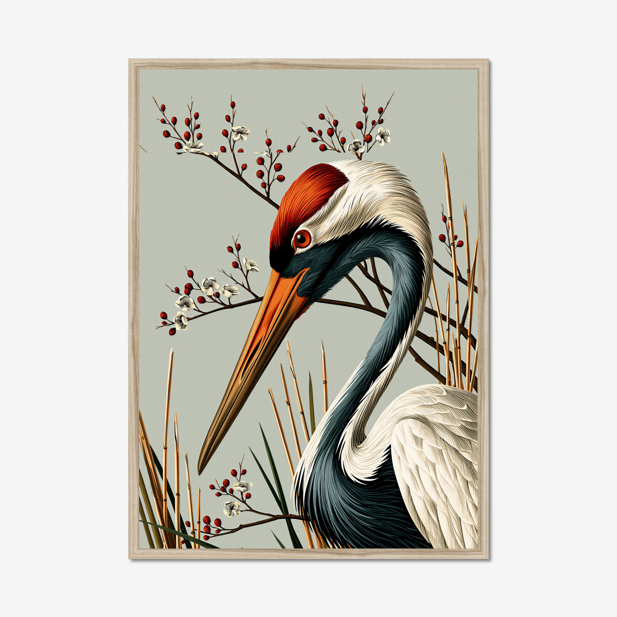 Japanse kraanvogel poster met riet en bloeiende takken in vintage botanische stijl