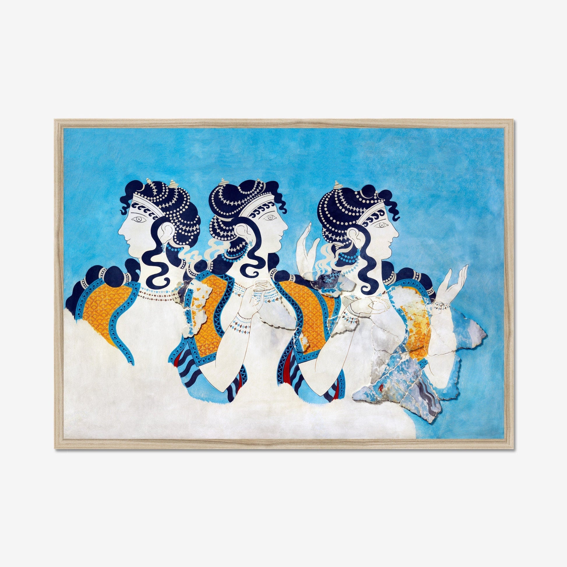 Ingelijste griekse poster blauwe dames Kreta fresco op witte achtergrond.