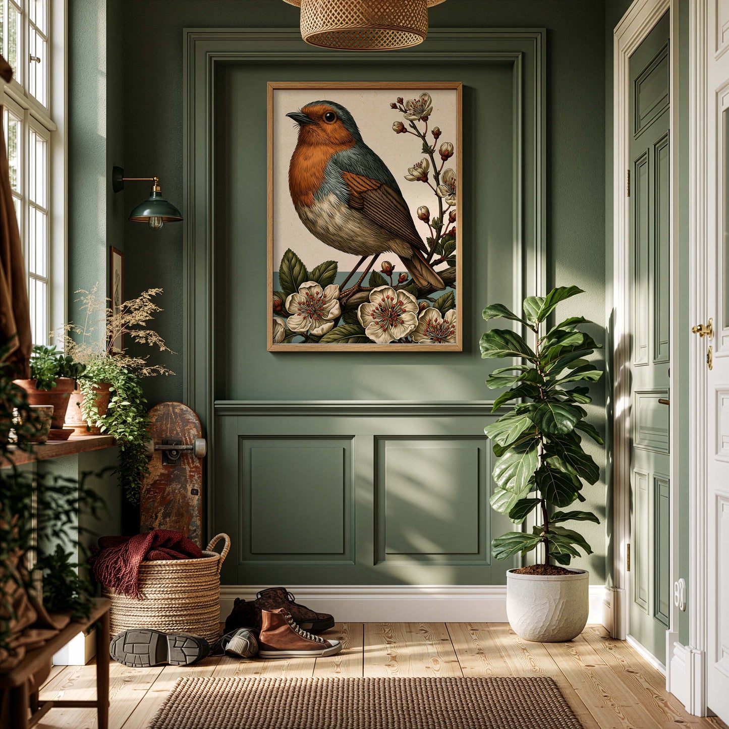 roodborstje poster aan de muur in een groene hal.