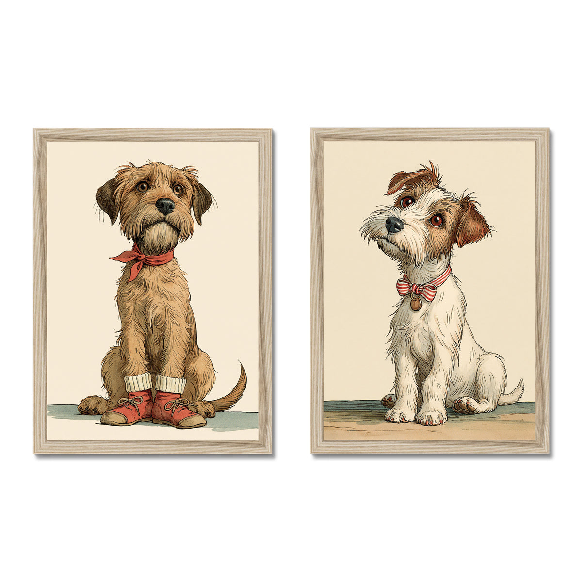 Set van twee hondenposters in lichte houten lijsten op een witte achtergrond.